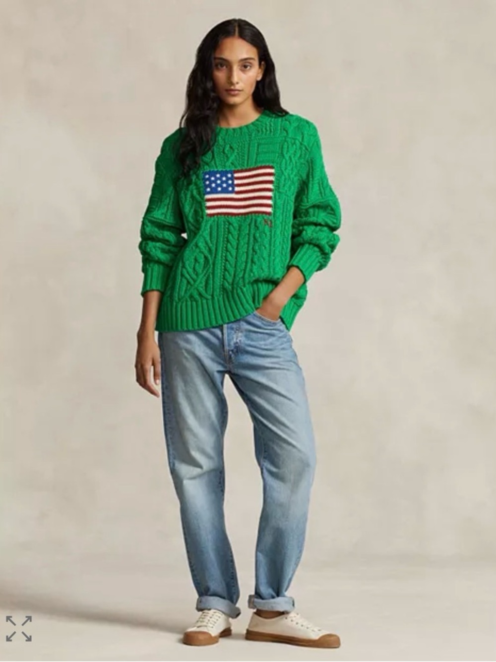 Polo by Ralph Lauren Green Cable-Knit Crewneck with Flag Motif - Picture 2 of 7